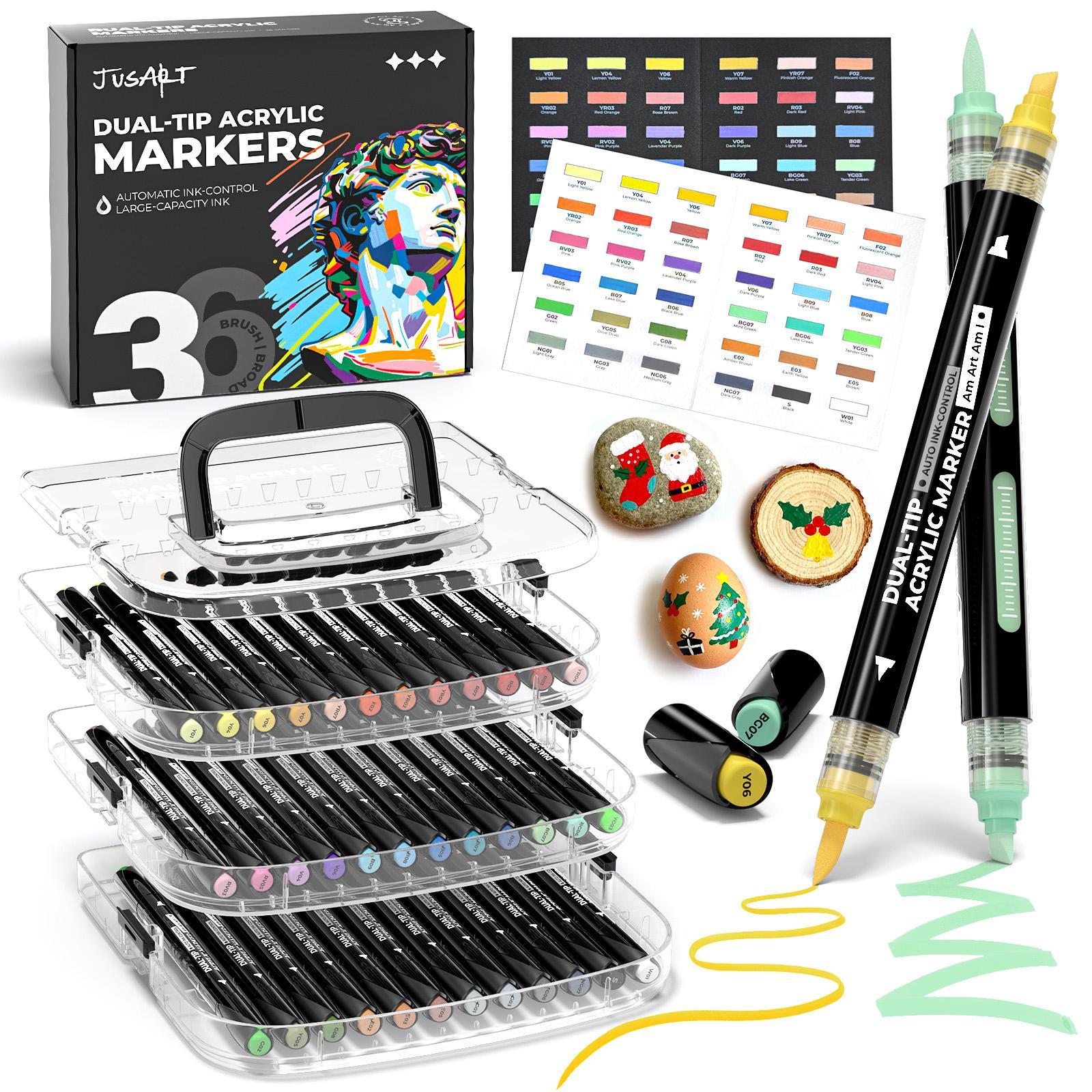 JusArt 36/60 Colors Automatic Ink Control Acrylic Paint Markers Dual Tip with Broad Tip and Brush Tip Pens for Ceramic, Wood, Canvas, Glass, Stone, Fabric, Rock Painting, DIY Crafts Art Supplies Kit