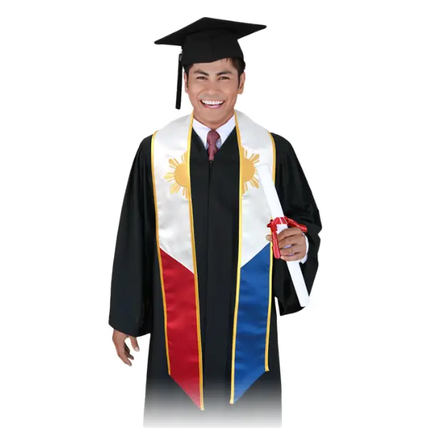 Filipino Graduation Stole - Premium Satin with Smooth Satin Flow, Detailed Embroidery, Unisex Clothes Accessory for Graduation Day, Philippines Flag Colors, Stageready Shine, Photos-Ready Meaningful Look, Filipino Pride