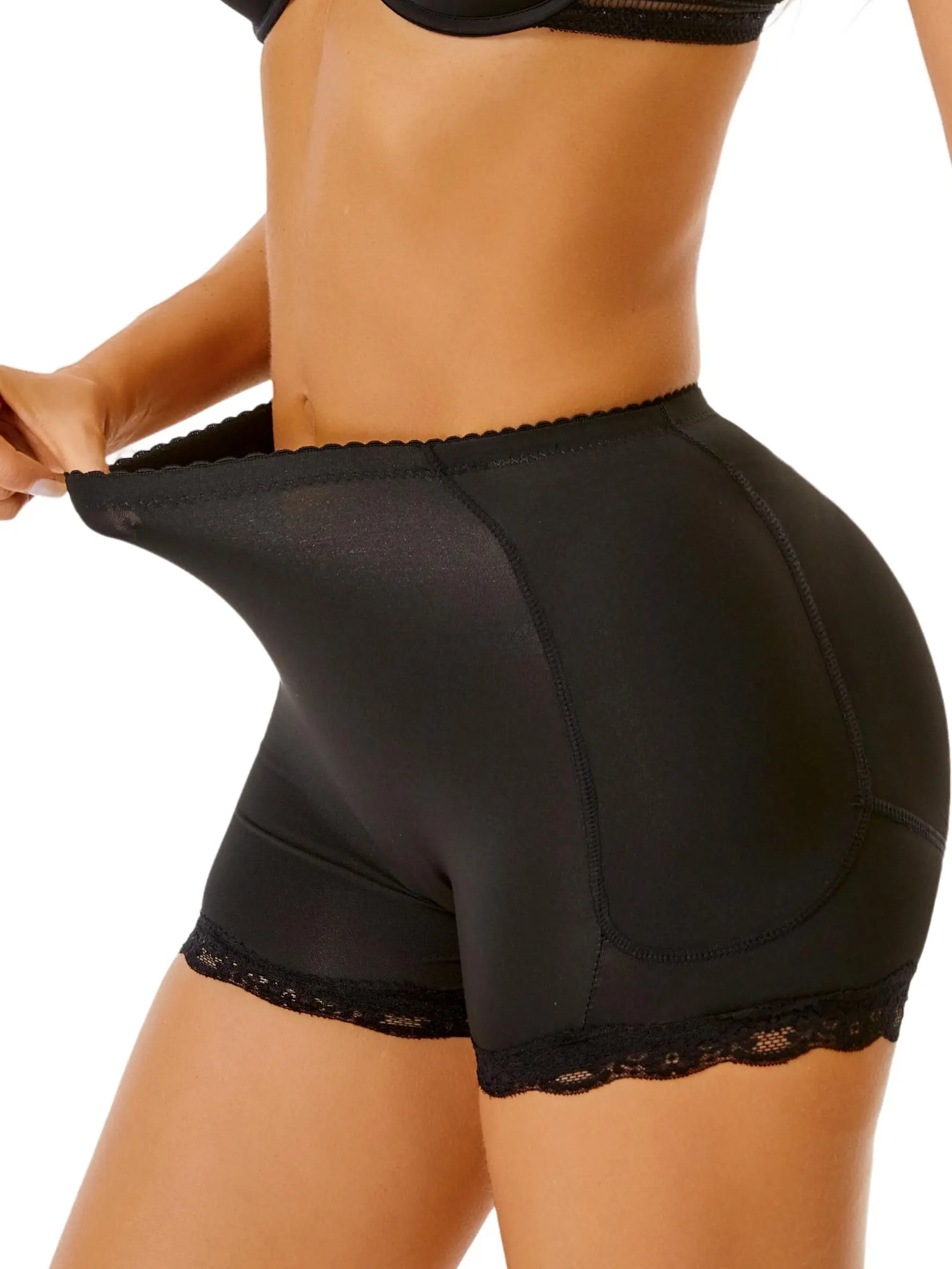 Women’s Low-Rise Padded Shapewear Shorts with Removable Hip and Butt Pads, Stretch Compression Boyshort Underwear, Hip-Enhancing Smoothing Fit