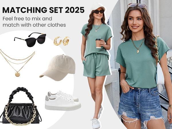 PINSPARK 2 Piece Sets for Women Summer Crewneck Matching Shorts Lounge Set with Pockets Casual Travel Outfits 2025 Trendy