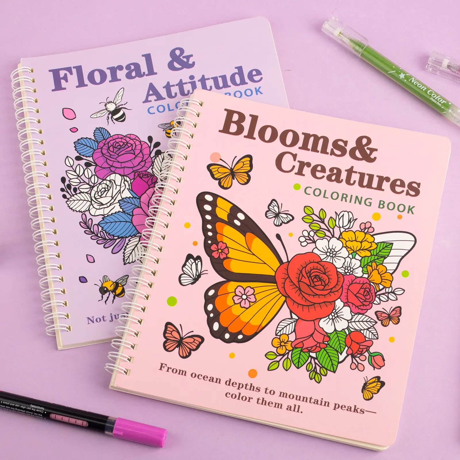 Adult Coloring Book ,2 Pcs Set Blooming flowers.