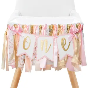 Pre - strung Pink Highchair Banner - 1st One Birthday Highchair Banner for Princess Girls ONE Baby Shower Room Party Decor