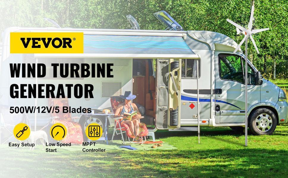 VEVOR Wind Turbine Generator, 12V/AC Wind Turbine Kit, 500W Wind Power Generator With MPPT Controller 5 Blades Auto Adjust Windward Direction Suitable for Terrace, Marine, Motor Home, Chalet, Boat