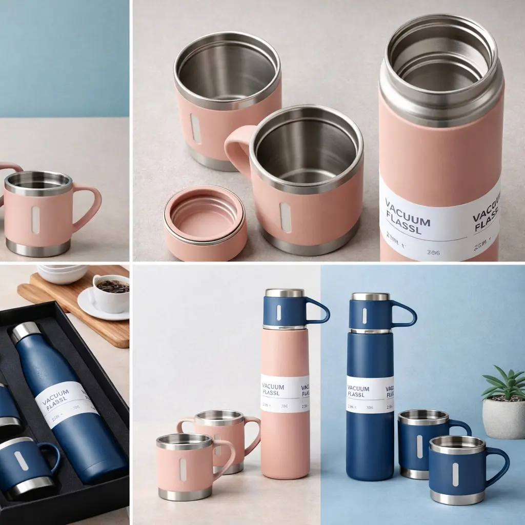 4PCS Double-Wall Stainless Vacuum Flask Set - 500ml Insulation Temperature-Control Vacuum-Sealed Bottle, Travel-Ready Portable Drinkware with 3 Mugs & Tumbler, Gifting Kitchenware, Bottle Vacuum Flasks