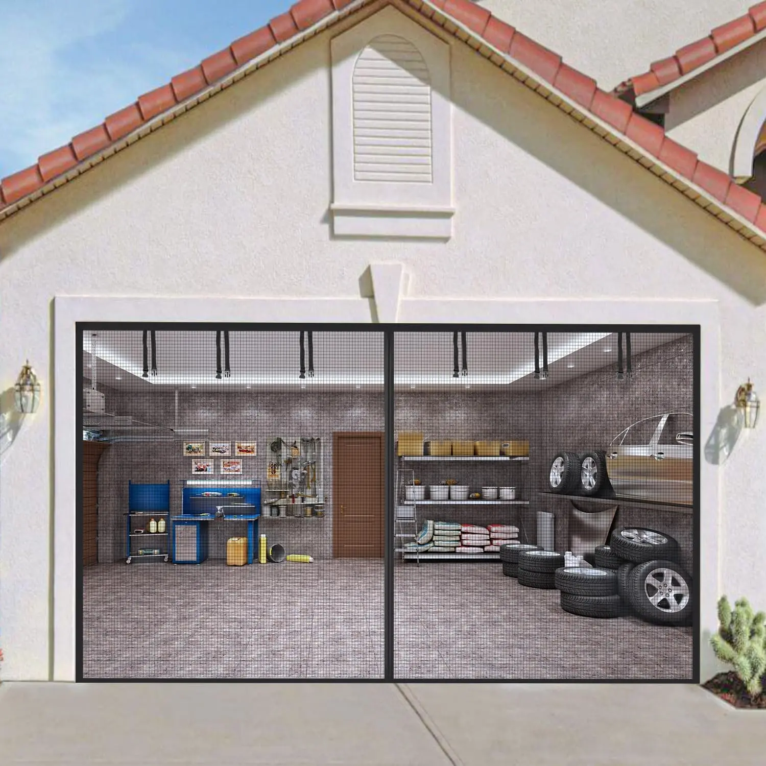 16*7FT Garage Door Screen Magnetic Closure Retractable Fiberglass Screen Door Mesh Curtain Cover Kit Heavy Duty Garage Screen Doors Hands Free