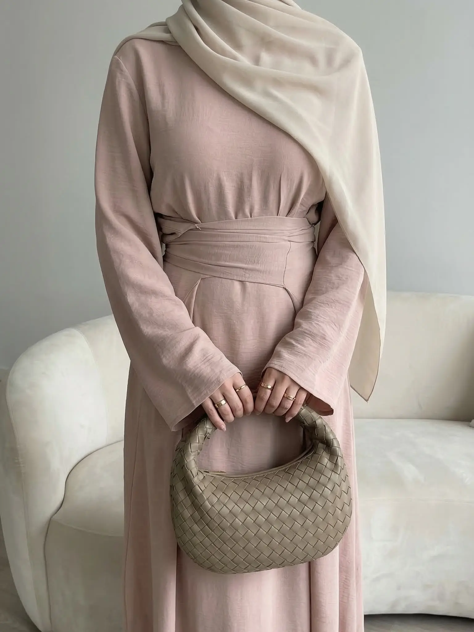 CL58 Women's Solid Color Knot Front Abaya, Modest Round NeckLong Dress for Daily Wear, casual abaya Modesty Robe Maxi【Fashionweek】