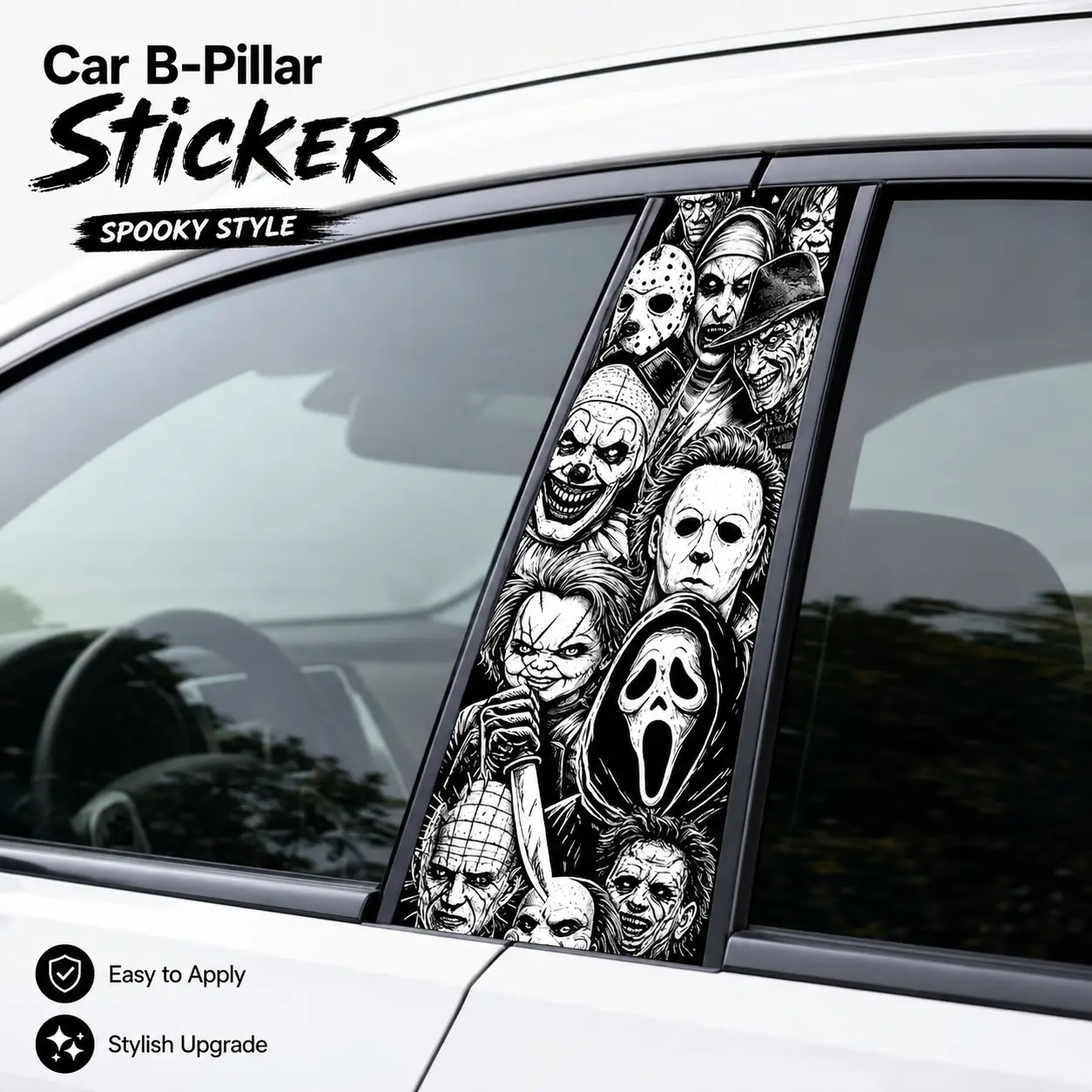 Car Pillar Sticker - Waterproof Vinyl Halloween Horror B-Pillar Window Trim Decal, Spooky Slasher Character Graphic Wrap for Car, SUV, Truck Exterior Window Post, Cool Automotive Gag Gift for Men, Drivers & Horror Movie Fans
