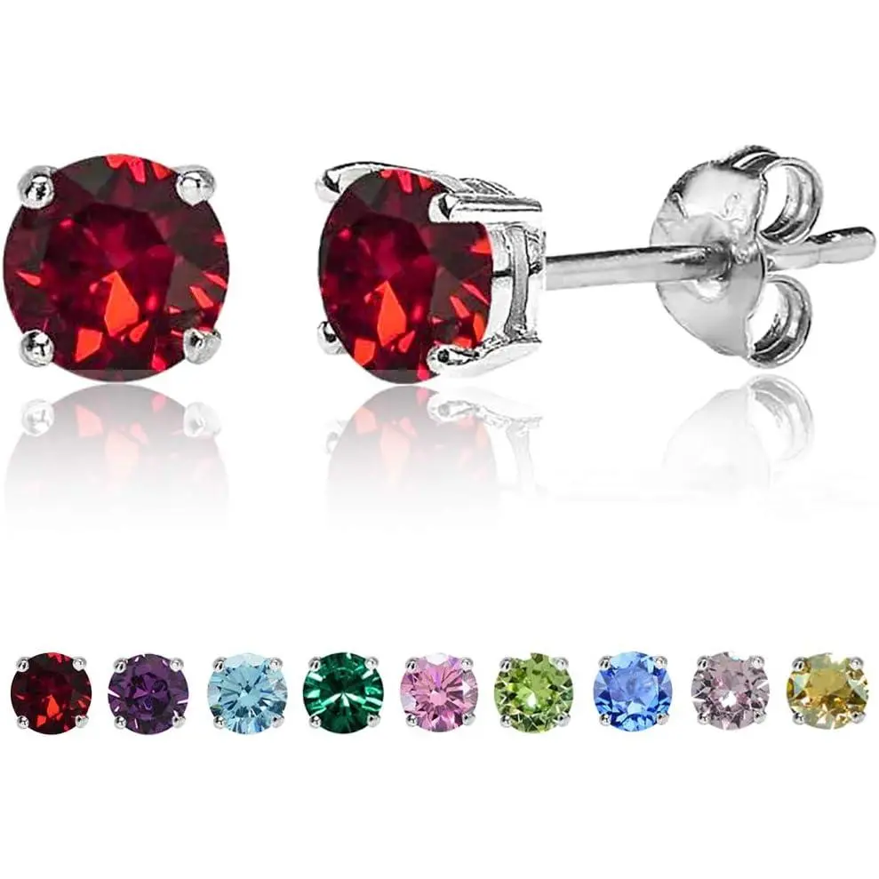 Women's 4mm Round Cubic Zirconia Stud Earrings, Hypoallergenic Silver-Plated Stainless Steel with Secure Screw Backs, 12 Birthstone Colors, High Quality Earrings, 12 Months, Adults, All Seasons, Anti-Rust Steel Earrings