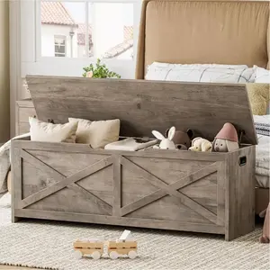 Grey 47.2 in Storage Chest, Wooden Storage Bench with Safety Hinges, Easy Assembly, Large Shoe Bench for Entryway, Living Room, Bedroom