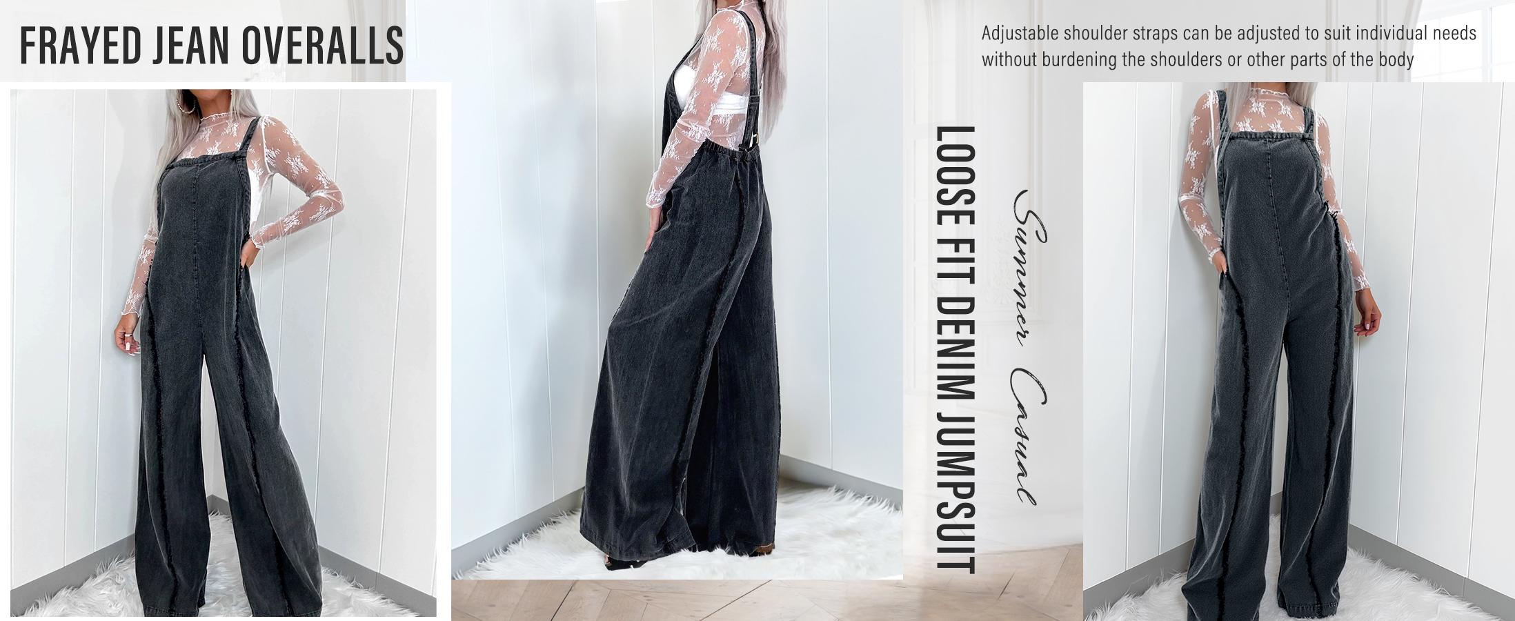 utcoco Women Loose Fit Denim Jumpsuit Adjustable Straps Wide Leg Long Pants Frayed Jean Overalls SpringStatements