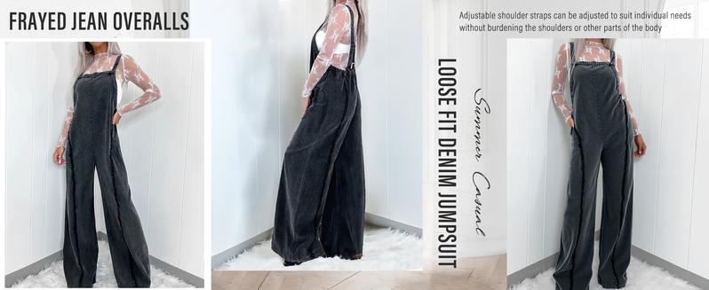 utcoco Women Loose Fit Denim Jumpsuit Adjustable Straps Wide Leg Long Pants Frayed Jean Overalls