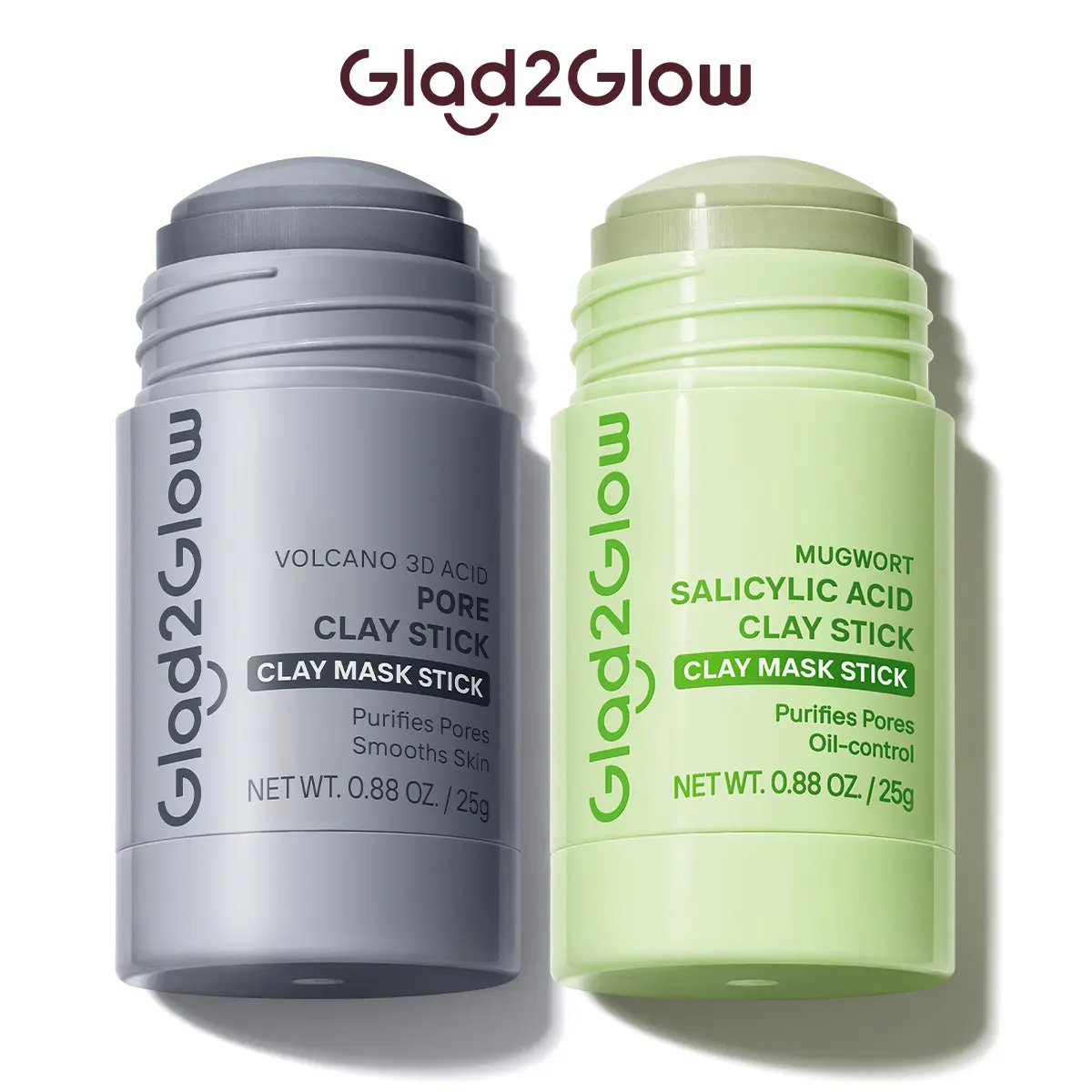 Glad2Glow Clay Stick 2pcs Combo - Volcano 3D Acid Pore Clay Stick / Mugwort Acne Blackhead Cleansing Clay Stick | Oily Skin Sebum Absorbing & Pore Minimizing Spot Corrector