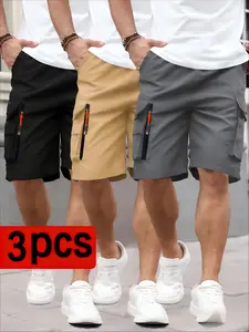 Men’s 3-piece summer outdoor cargo casual shorts set featuring high-street trendy loose fit, large pockets, straight cut, and a bermuda length. Perfect for everyday commuting and ideal for camping and travel. workwear
