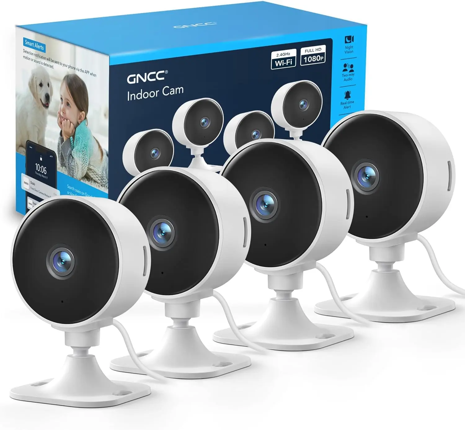 GNCC 4-Pack Indoor Security Camera with 2.4G WiFi, Full HD 1080P, AI Motion Detection, Sound Alert, 2-Way Audio, Night Vision, Cloud & SD Card Storage – Works with Alexa, Google Home for Home Surveillance, Baby/Pet Monitor,father'sdaygifts