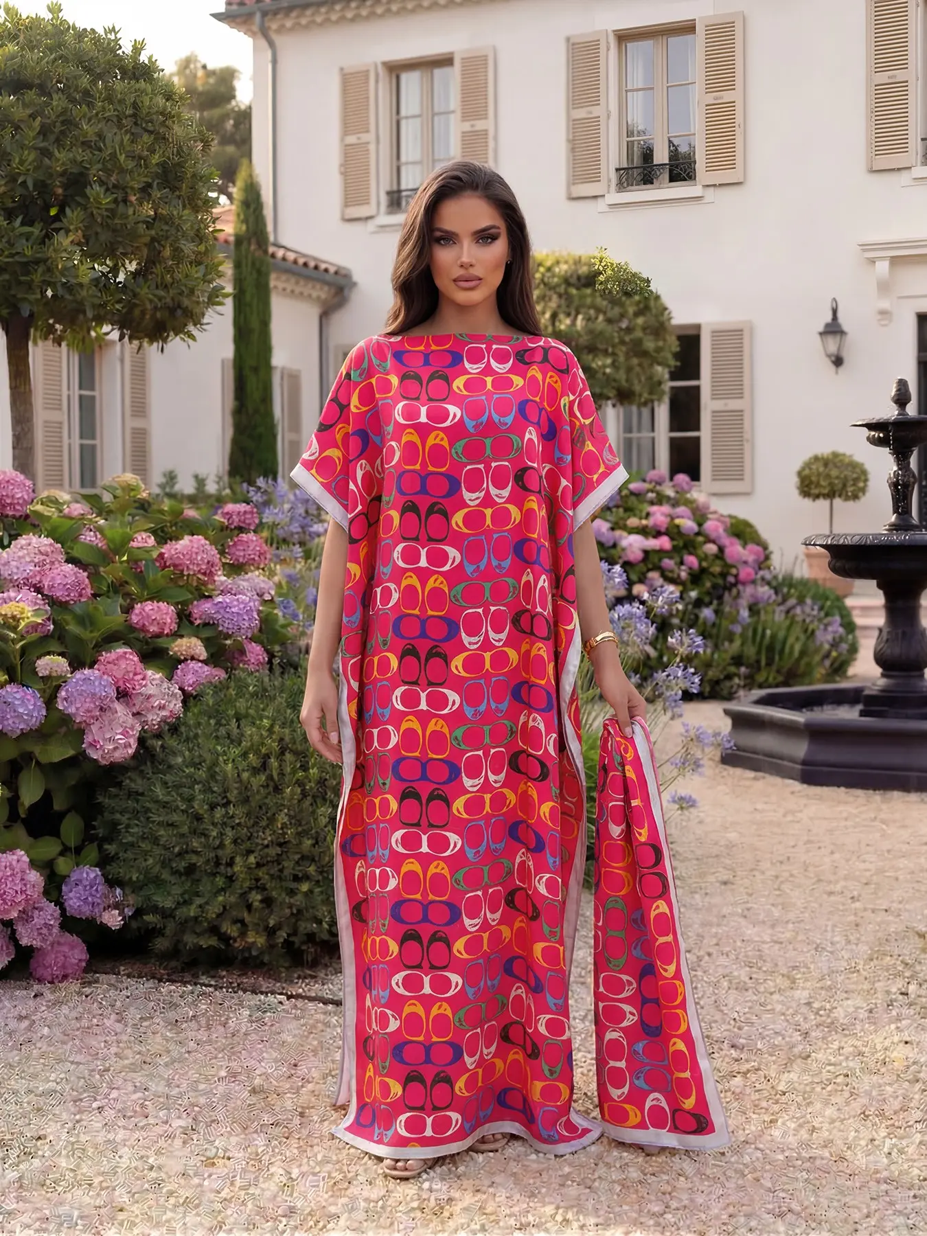 Women's Geometric Print Fitted Robe Set, Elegant Long Dress & Headscarf, Beach Sun Protection Satin Scarf, All Seasons Fashion, Beachwear, Casual Beach Style, Summer, Boho Summer Holiday, Casual boho bohemian