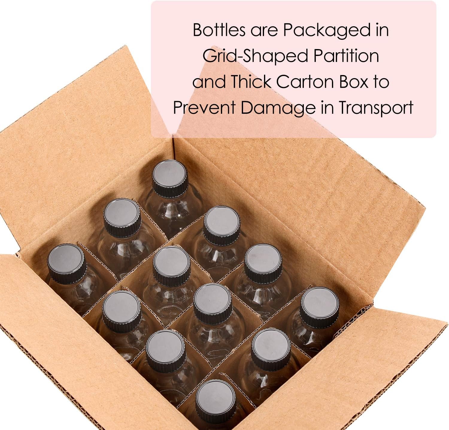 12 Pack, 2 oz Small Clear Glass Bottles with Lids & 3 Stainless Steel Funnels - 60ml Boston Sample Mini Travel Essential Bottles for Potion, Juice, Wellness, Ginger Shots, Beverage Dec