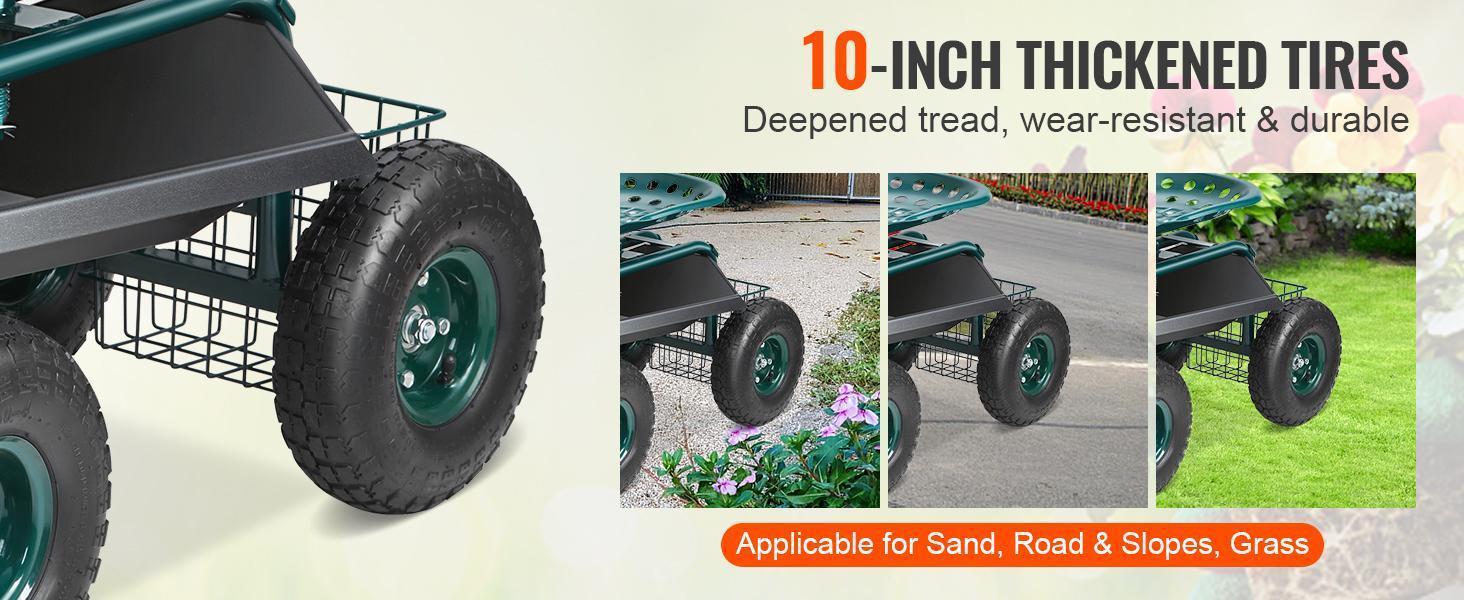 VEVOR Garden Cart Rolling Workseat with Wheels, Gardening Stool for Planting, 360 Degree Swivel Seat, Wagon Scooter with Steering Handle & Utility Tool Tray, Use for Patio, Yard, and Outdoors