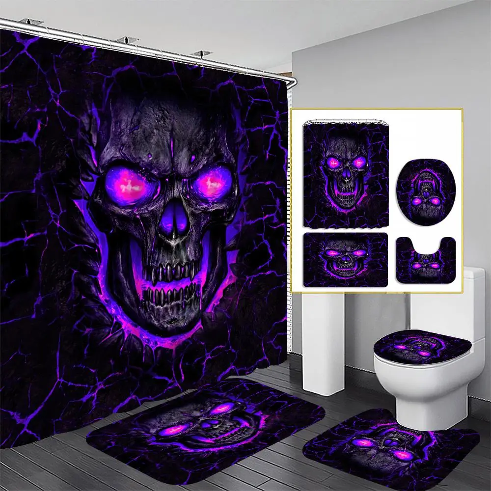 Skull Pattern Bathroom Decorations, 4 Counts/set Including Shower Curtain & Toilet U-shape Mat & Bathroom Mat & Toilet Lid Cover, Bathroom Accessories, Halloween, Bathroom Shower Curtain Sets, Bathroom Shower Equipment, Bathroom Decor And Accessories
