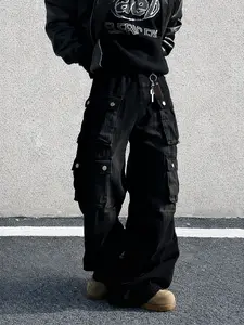 Wide-leg denim jeans made from pure cotton with a high-street, bad-boy American style, featuring a 3D multi-pocket design, black water-washed denim finish, reinforced stitching, and abrasion-resistant, wrinkle-resistant fabric—suitable for everyday commut