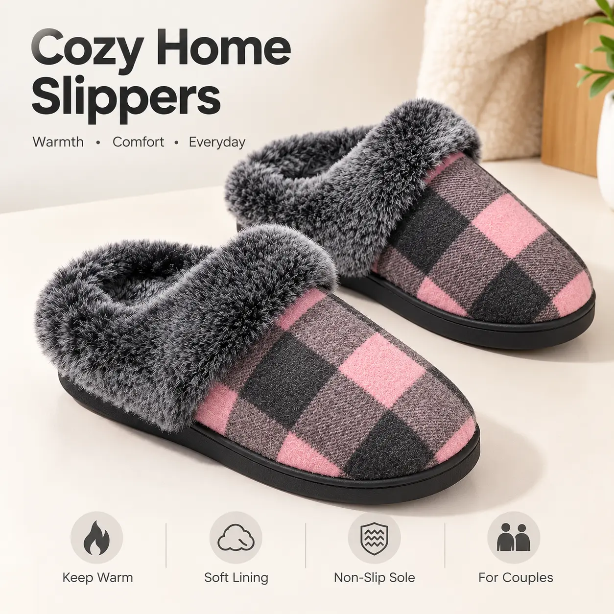 Women's Plaid Fuzzy House Slipper Slides - Ultra Soft Plush Memory Foam, Cozy Indoor-Outdoor Footwear, SohoChic Shoes, House Slippers