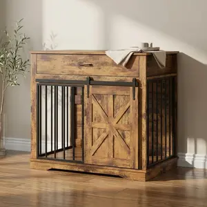 Dog Crate Furniture, 37.8" Large Dog Kennel Indoor with Sliding Barn Door, Wooden Dog Crate Table with Storage Drawer, Decorative Dog House Indoor for Medium Dogs