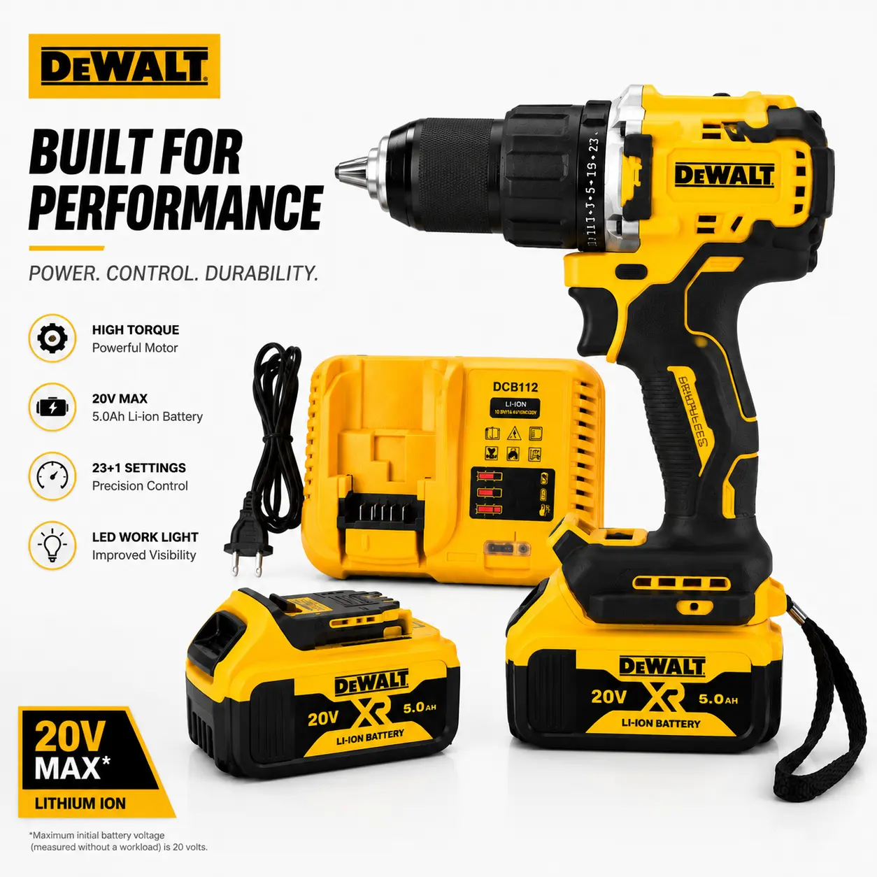 DEWALT Cordless Drill Kit with Ergo Grip - High Torque for Drilling & Screw Driving, Durable Metal & High-Strength Plastic Build, Lightweight, Long Battery Life - DIY & Home Repair Essential Tool