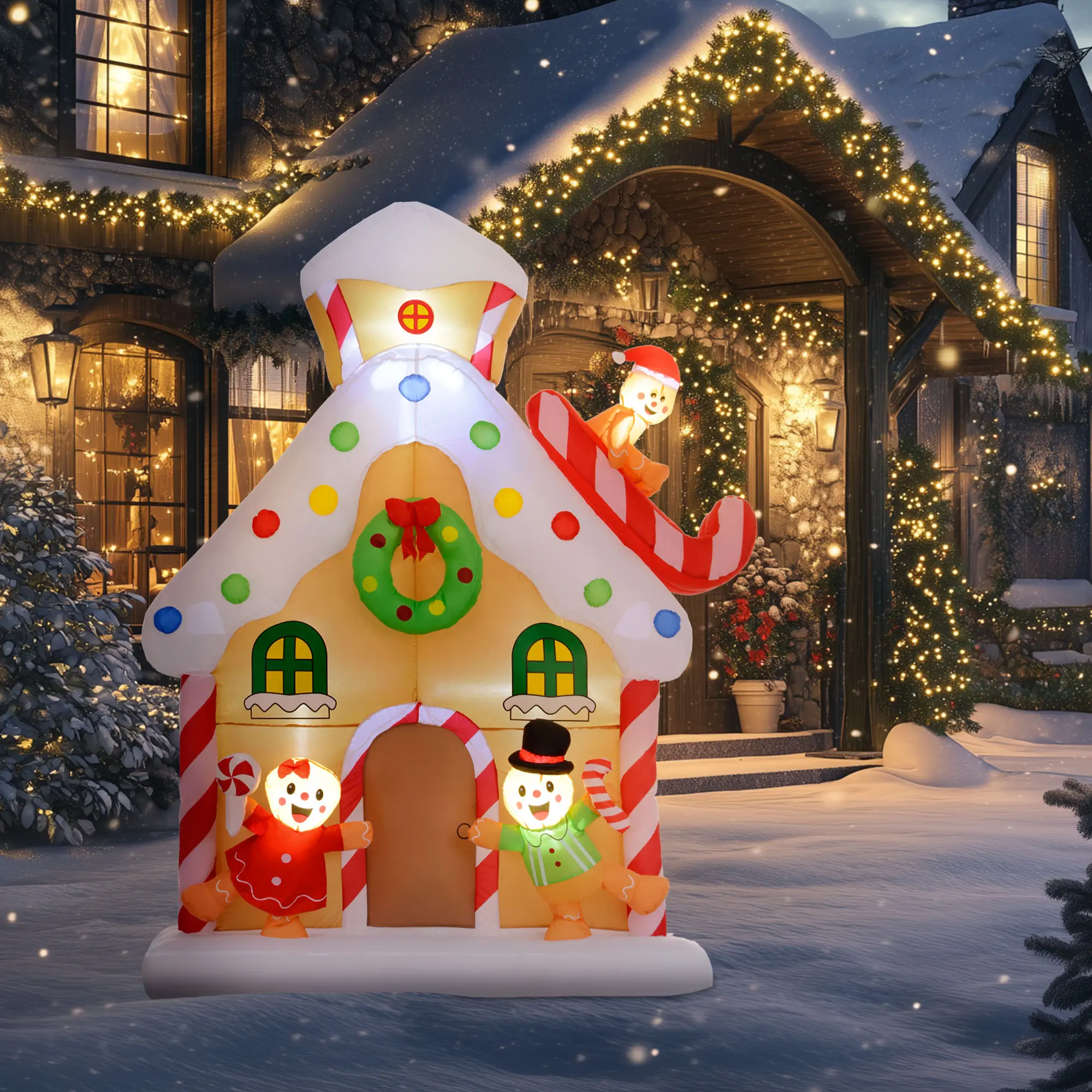 Outsunny 7FT Christmas Inflatable Gingerbread House Santa Claus and Xmas Tree, Giant Christmas Inflatables, Huge Blow Up Christmas Decorations with LED Lights for Indoor, Outdoor, Yard, Party