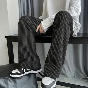 Men’s striped straight-leg casual trousers for spring and autumn, versatile design, loose fit, suitable for business wear Black