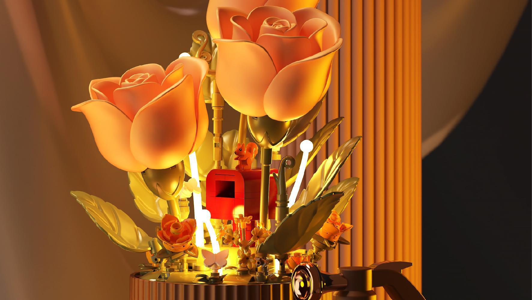 Dynamic Interactive Building Block Flower One Click Blooming Ambient Night Light Educational Assembly Desktop Ornament Perfect Gift(Building block style, requires assembly)