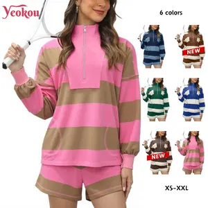 Yeokou Women's Lounge Set 2 Piece Striped Long Sleeve Quarter Zip & Short Sleeve T Shirt and Shorts for Summer & Autumn Casual Workout Tracksuit