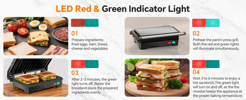 Panini Press Grill, 3-in-1 Electric Grill, 180° Openable, Non-Stick Plates, Floating Hinge, With Grease Tray, Gourmet Sandwich Maker for Indoor, Outdoor, Camping Cooking, BBQ, Pizza Oven, Fast Preheat & Dual Heating Plates, Easy Cleanup