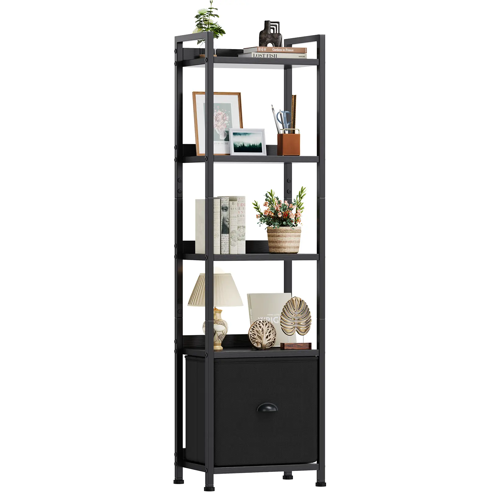 Sweetcrispy Rustic Corner Bookshelf - Tall Narrow Wood-Metal Layered Shelf, Removable Fabric Drawer, Slim Aesthetic Room Decor, Space-Saving Apartment Furniture, Useful Finds for Small Bedrooms