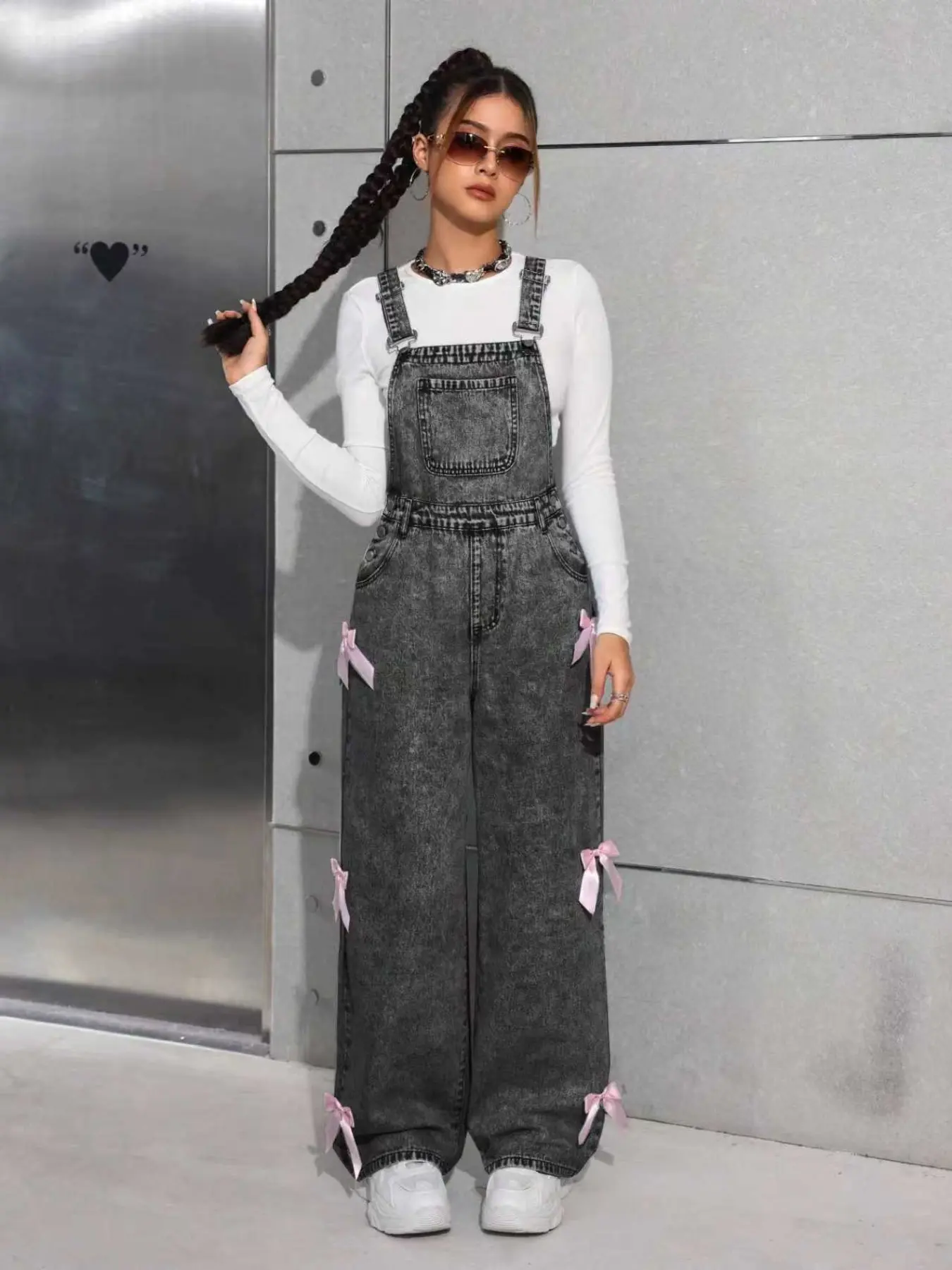 Fashion Girl Washed Denim Overalls, Cute Bow Design Side Decoration Loose Baggy Wide Leg Casual Style, All Seasons Wearable Fabric Vintage