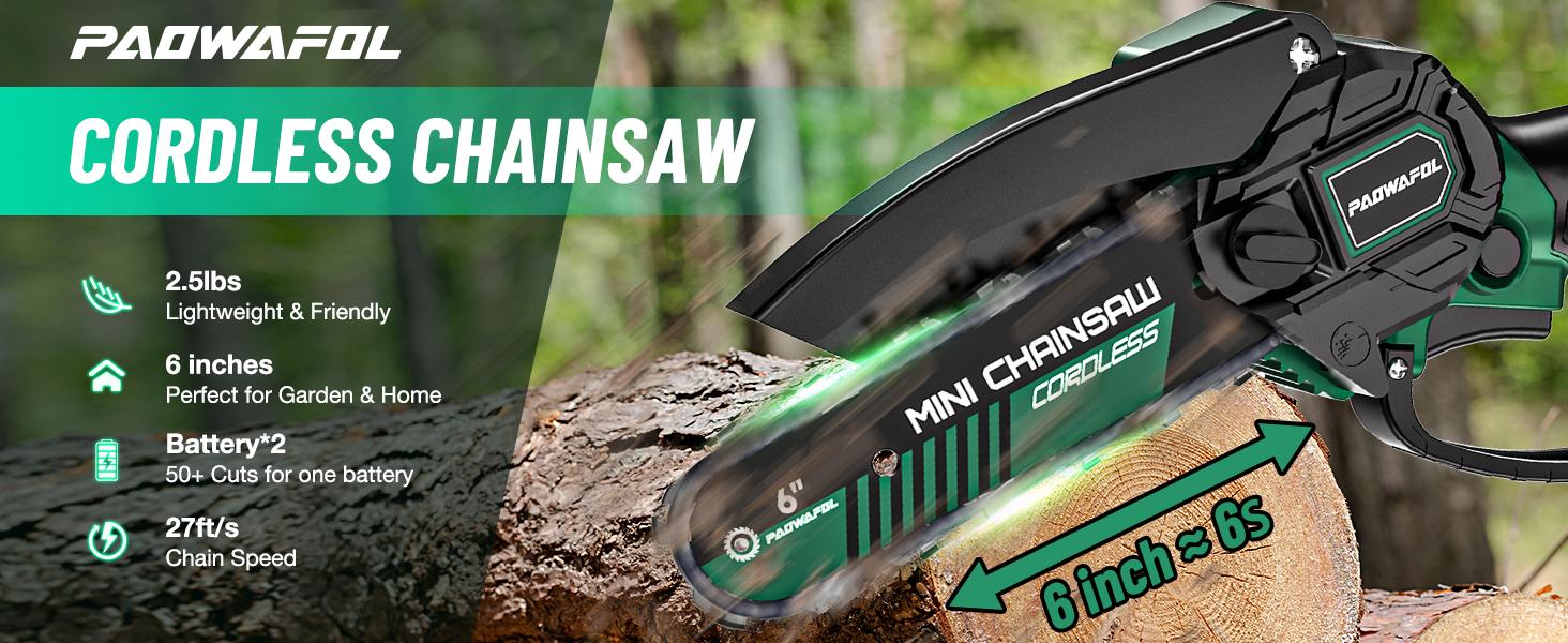 PAOWAFOL Mini Chainsaw 6-Inch Compact Handheld Electric Chain Saw with 2 Batteries  Security Lock for Efficient Wood Cutting, Tree Trimming, and Pruning - Gift for husband,dad,father,men-Homeowners, Gardeners, and DIY Enthusiasts