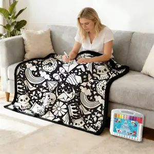 DIY Coloring Blanket 50x60 Inch Fleece Throw for Kids & Adults with 24 Marker Pens Creative Home Decor Family Activity Gift
