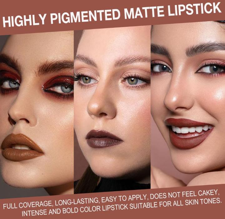 3Pcs Warm Brown Maroon Dark Wine Red Gradient Matte Lipstick Lip Liner Crayon Combo Pencil Set for Women Long Lasting, Cream Lip Liner and Lipstick Combo Makeup，Flawless Gradual Ombre Effect