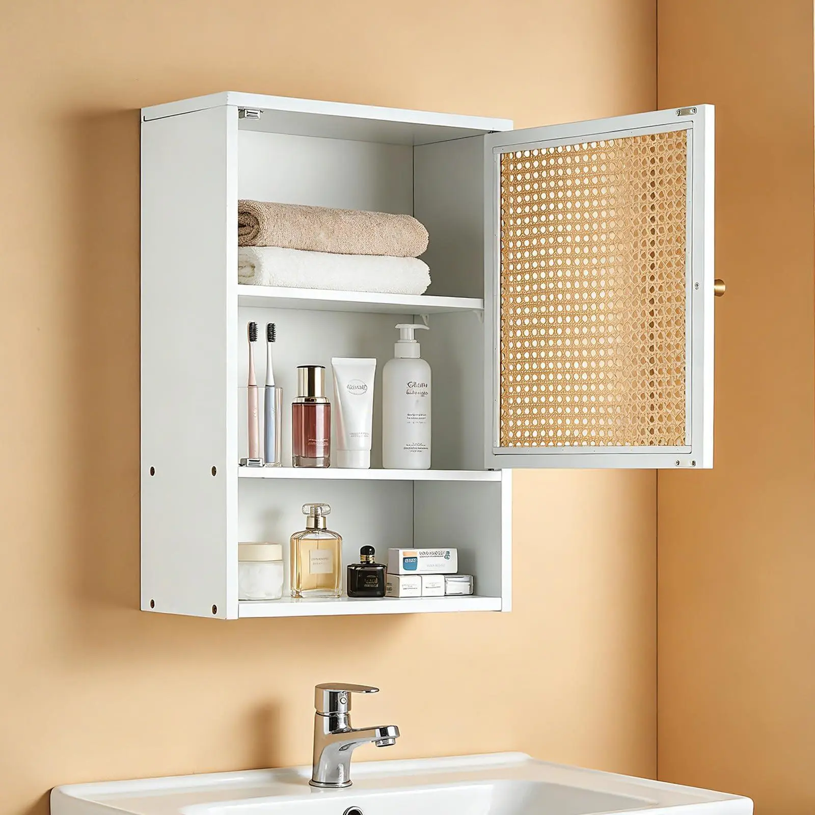 Garvee Bathroom Wall Cabinet, Wood Rattan Storage with 3-Tier Shelves and Doors, 16x8x24 Inch Medicine Cabinet, Holds 33lbs for Bathroom, Laundry Room, and Small Spaces,White