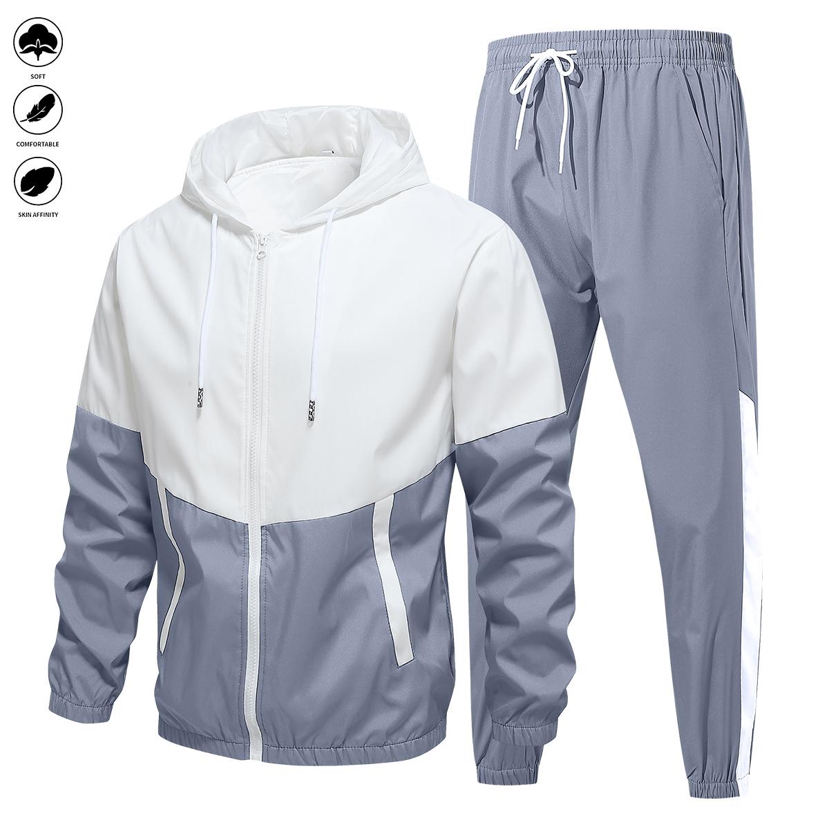 Men's and women's universal fashionable sports set, color-matched patchwork, drawstring, hooded jacket, comfortable and breathable sports pants, suitable for all seasons and great as an outdoor or festival gift.