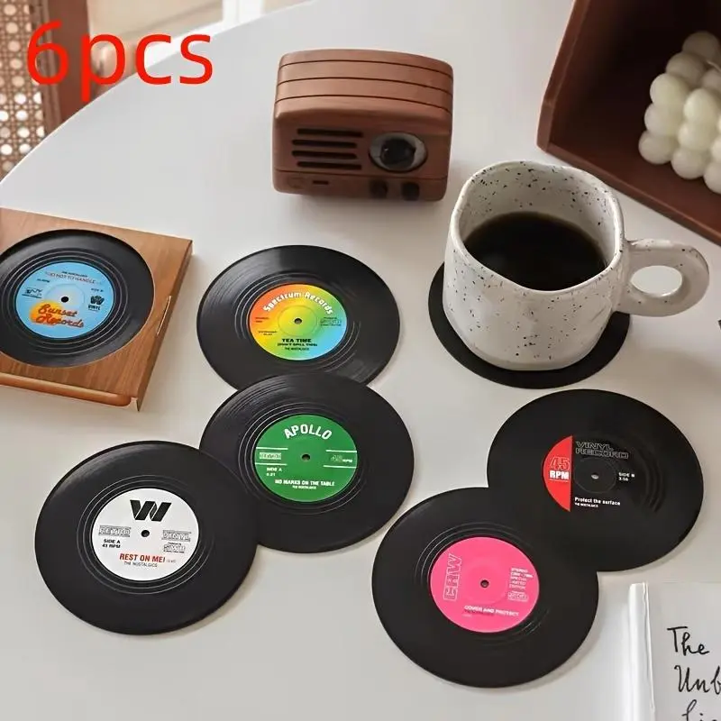 Retro Disc Design Drink Coaster, Round Coaster, Kitchen Coasters, Coasters For Drinks, 6pcs/Set Creative Heat Resistant Non-slip Cup Pads For Home Kitchen Party Table Decor, Kitchen Accessories, Bedroom Decor, Home Decor