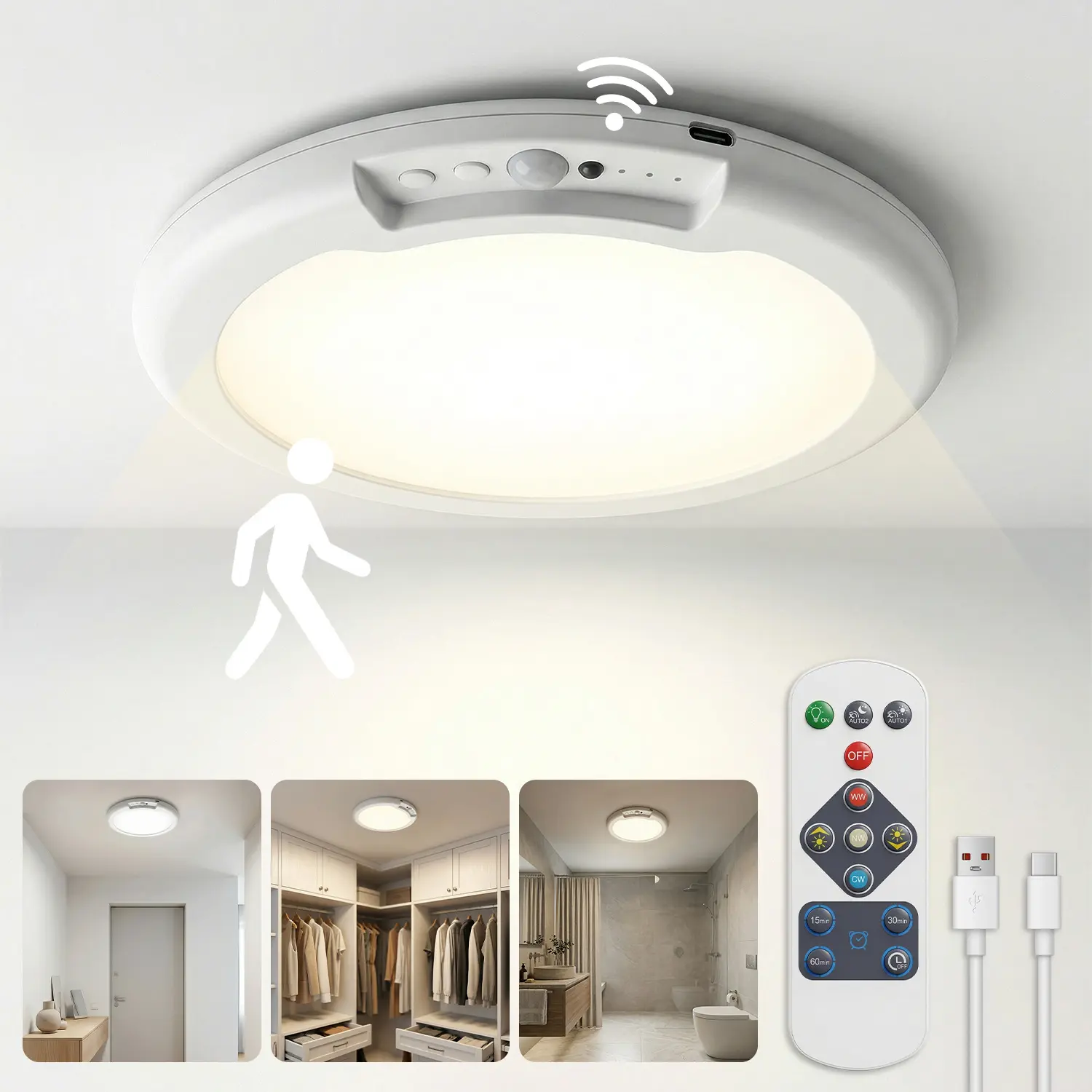 Rechargeable LED Magnetic Motion Sensor Ceiling Lamp - Remote-Controlled Battery-Powered Fixture, Automatic Closet & Hallway Light, Father's Day Gift for Home (Shower, Garage) summerwins, Hallway Light Fixtures, Automatic Closet Light