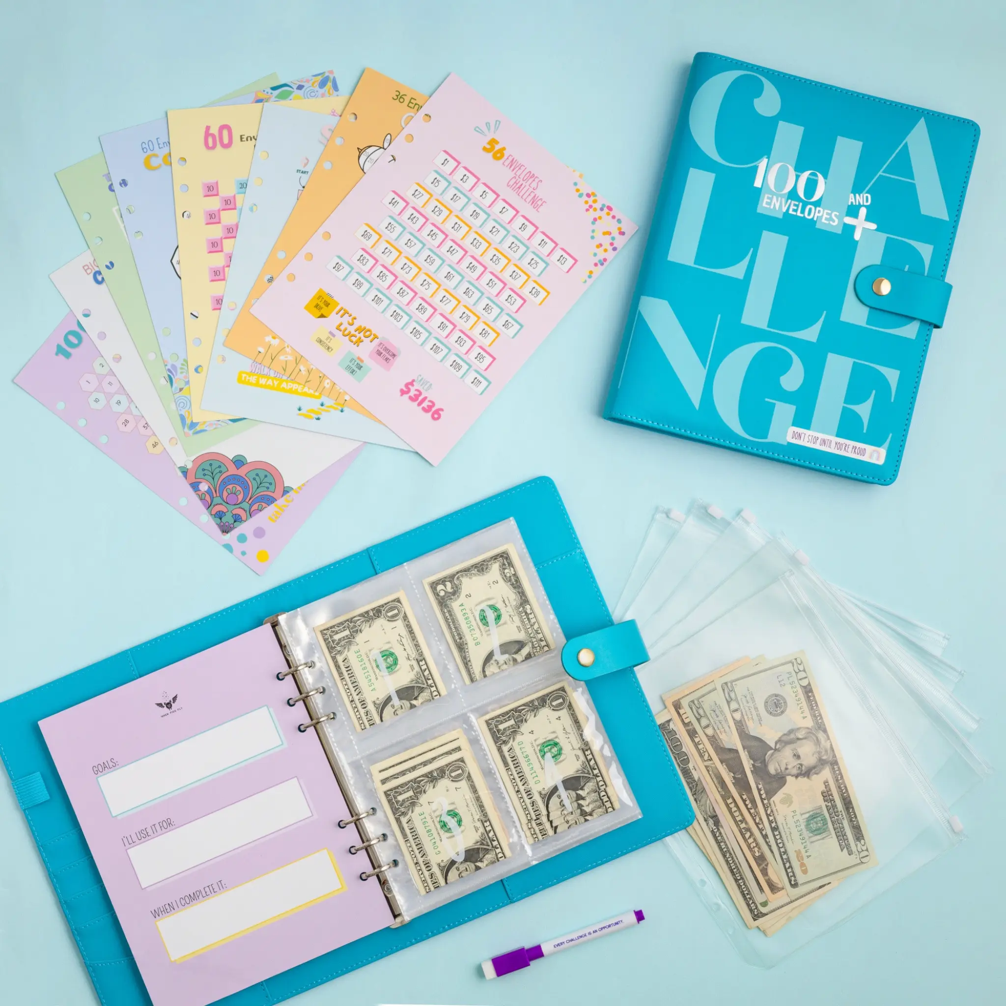 WHEN PIGS FLY | 100 Envelopes Money Saving Binder A5+Blue