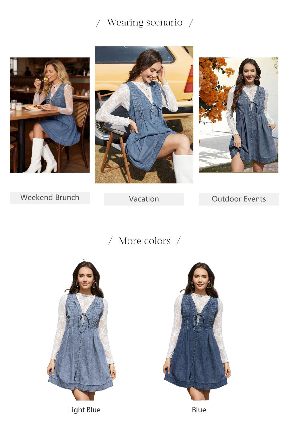 Chicovar Women's Oversized Vintage Denim Mini Dress, Easter dress,Sleeveless V-Neck Tie Front Ruffle Layered A-Line Tunic with Pockets & Front Pleats, Casual Outfit
