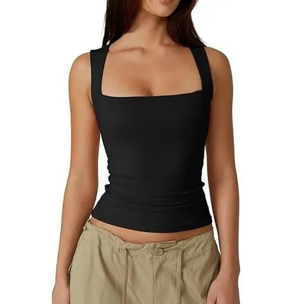 QINSEN Women's Slanted Shoulder Square Neck Sleeveless Double-Layer Fitted Tank Tops