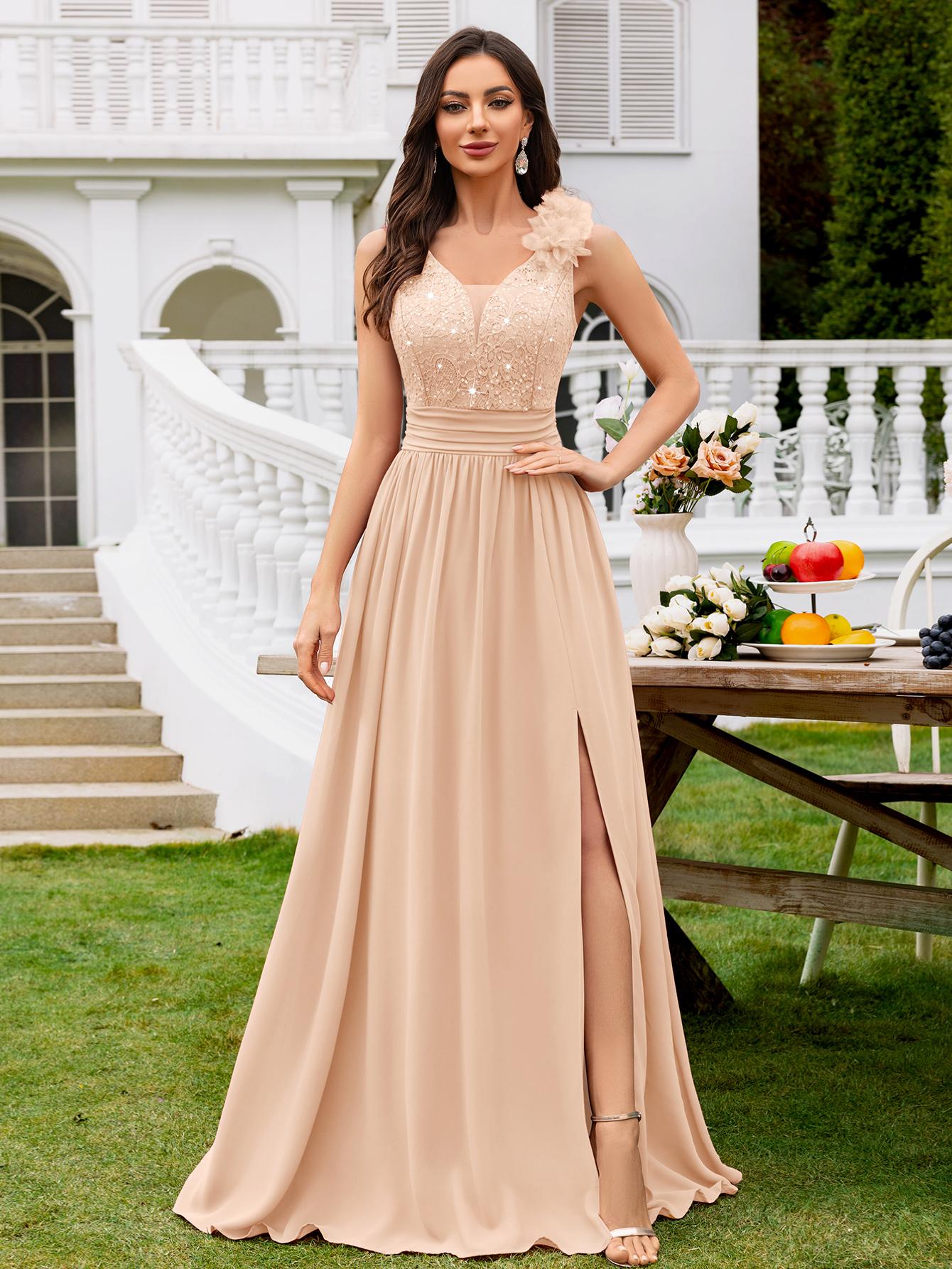 MIUSOL 24451A Women's Elegant Deep V-Neck Sequin Lace Chiffon Maxi Dress Mint Green Sleeveless Ruched Split Thigh Formal Evening Ball Gown for Wedding Guest Prom Graduation Bridesmaid Bridal Cocktail Party Events