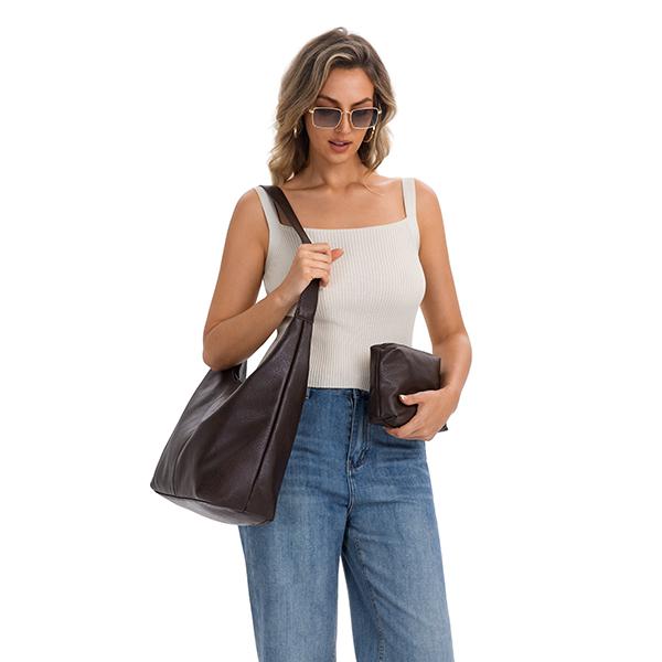 Women's Minimalist Solid Vegan Leather Shoulder Purse - Foldable Work Bag with Cosmetic Bag, Metal Hardware, Crossbody or Carry Option, Accessories for Women, All-Match Handbag for Daily Commuting