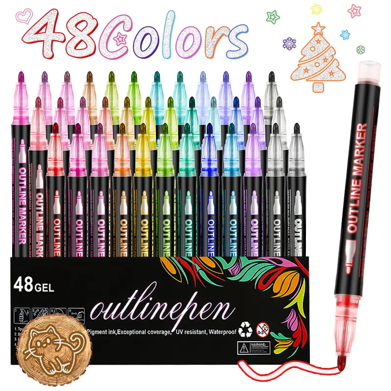 12/24/36/48-Piece Double Line Outline Markers Assortment Kit, Colorful Drawing Pen Markers & Highlighters, Metallic Glitter Office Stationery for Birthday Card DIY, Art Craft Supplies, Colorful Markers