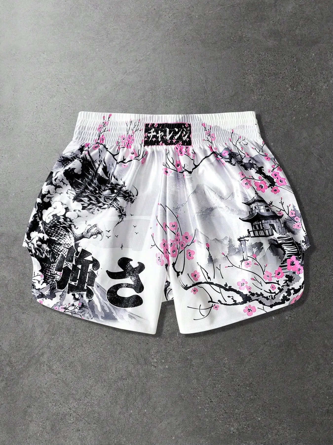 Men's Japanese-Style Dragon and Cherry Blossom Muay Thai Shorts, Summer Athletic Shorts, Athletic Shorts, Active Shorts, Satin Material, Loose Fit, Suitable for MMA, Boxing, and Brazilian Jiu-Jitsu