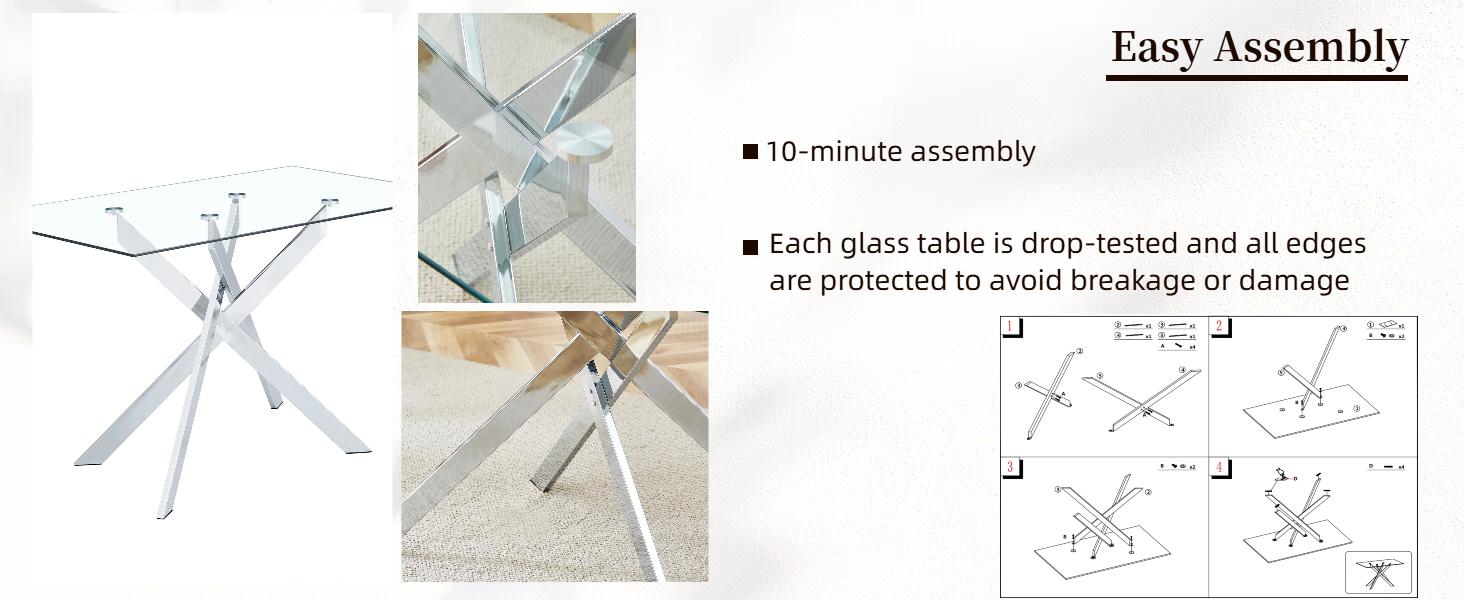 51.18" Rectangular Clear Tempered Glass Dining Table,Stylish Design with Silver Metal Tubular Legs, Dining Table for Dining Room（Only Table）