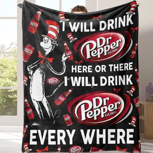 Dr Pepper x Cat in the Hat Themed Blanket Soft Flannel Throw for Sofa Bed Living Room Decor Collectible Beverage Brand Merchandise Comfortable Warm All-Season Blanket Ideal Gift for Fans of Classic Characters and Soda Enthusiasts