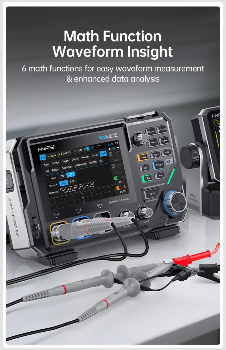 FNIRSI 2D15P Handheld Oscilloscope Multimeter - 3-in-1 Digital 2CH Automotive Tool with 100MHz Bandwidth, 500MS/s Sampling, 19,999 TRMS Counts, 10MHz DDS Signal Generator, 4.3 Touch Screen, 128-Level Grayscale Display, 6 Math Operations, Built-in Cells